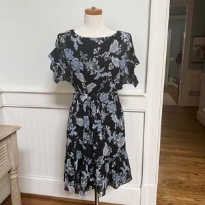 Lauren Ralph Lauren Black Blue Floral Flutter Sleeve Midi Dress Size 8